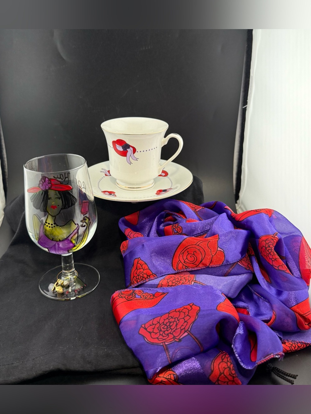 3 Red Hat Society wine glass (10oz) Cup & Saucer (7oz) Red Hat silk scarf 58x13”